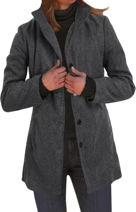 PeQAQ Women's Elegant Blazers Single Breasted Coat Winter Long Sleeve Mid Woolen Overcoat Work Office Pea Jackets Overcoats