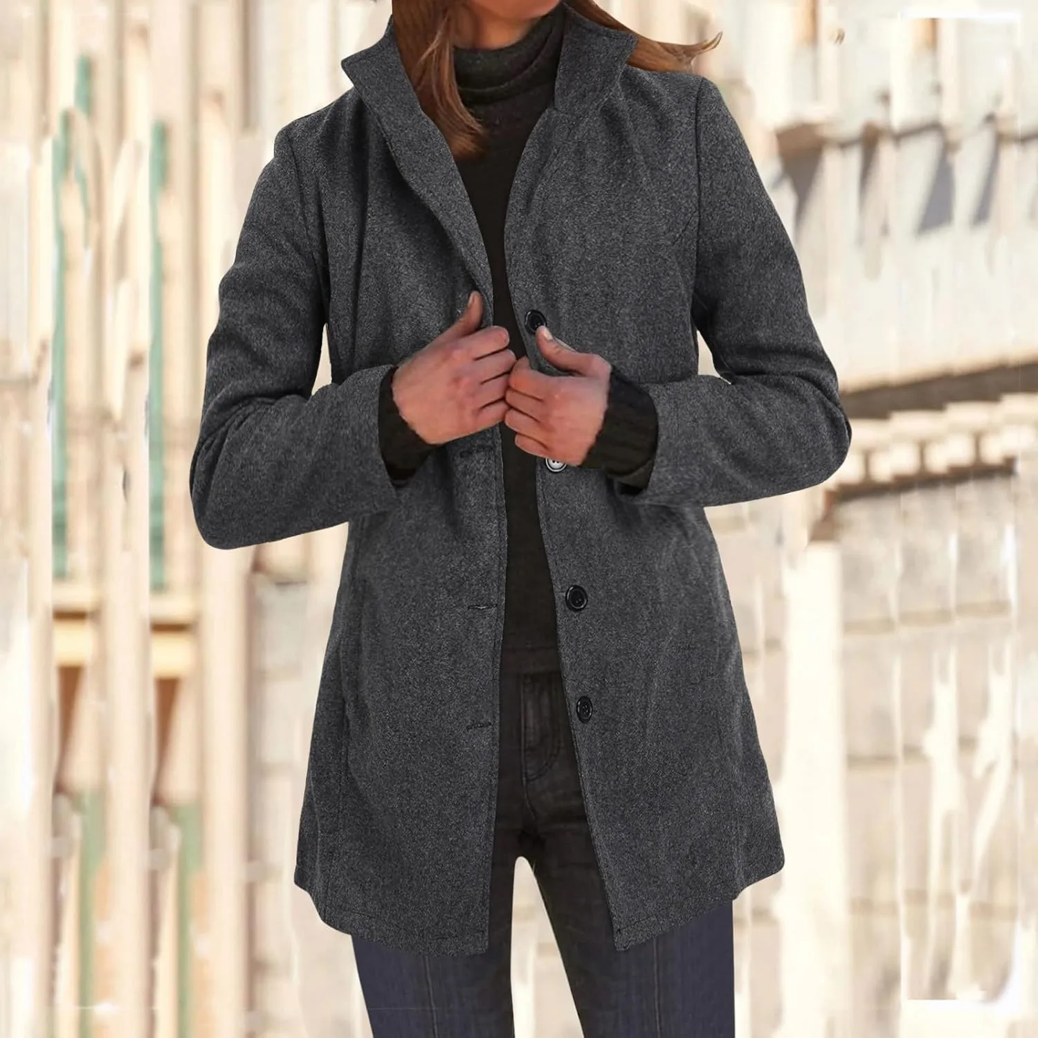 PeQAQ Women's Elegant Blazers Single Breasted Coat Winter Long Sleeve Mid Woolen Overcoat Work Office Pea Jackets Overcoats