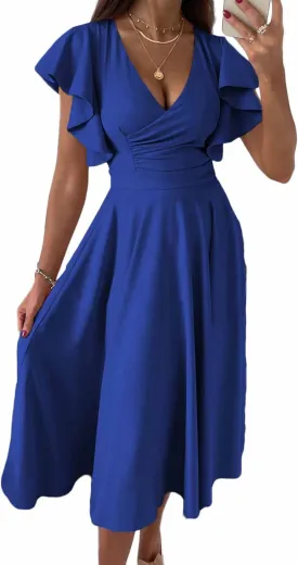 PRETTYGARDEN Summer Midi Dress 2025 Elegant Classy Ruffle Sleeve V Neck Cocktail Wedding Guest Spring Fit and Flared Dresses