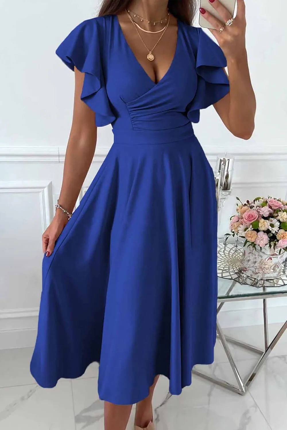 PRETTYGARDEN Summer Midi Dress 2025 Elegant Classy Ruffle Sleeve V Neck Cocktail Wedding Guest Spring Fit and Flared Dresses