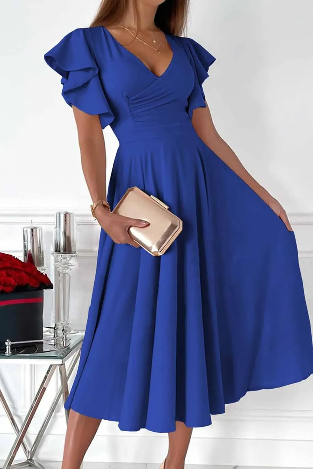 PRETTYGARDEN Summer Midi Dress 2025 Elegant Classy Ruffle Sleeve V Neck Cocktail Wedding Guest Spring Fit and Flared Dresses