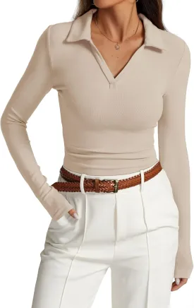 Prettywear Womens Long Sleeve Polo Shirts Business Casual Work Tops Blouse Slim Fitted Collared V Neck Shirt 2025