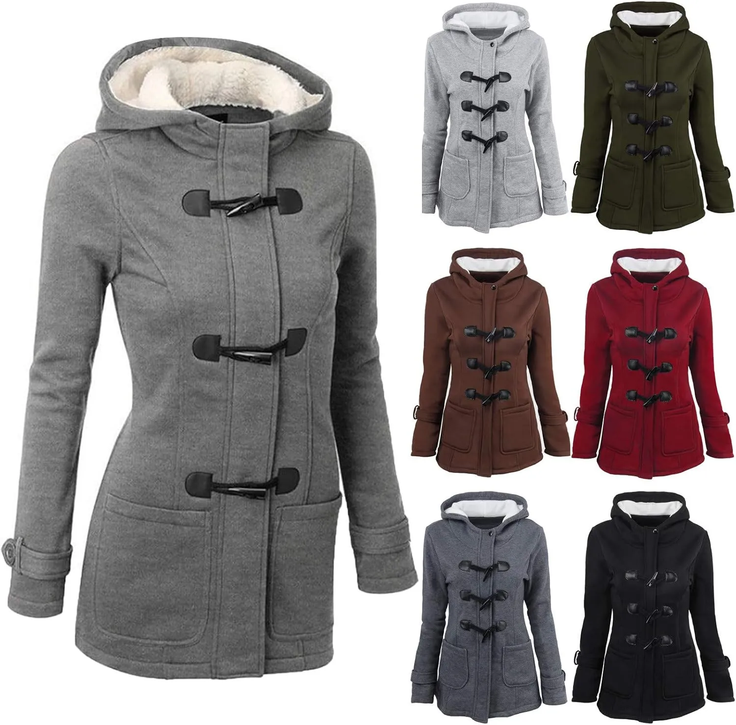 Qeaghou Thick Winter Coats for Women Causal Cute Sherpa Coats Fuzzy Fleece Warm Coats Button Down Long Sleeve Hooded Coat