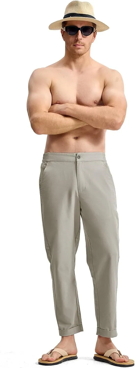 Rdruko Men's Linen Pants Lightweight Casual Cotton Pants Elastic Waist Beach Summer Pants with Pockets
