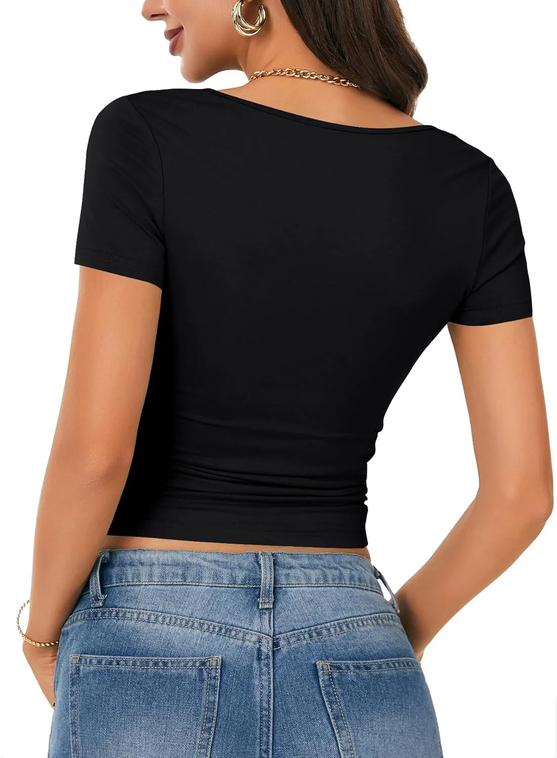Rooscier Women's Cute Tops Lace Trim Knot Square Neck Short Sleeve Slim Fitted Tee Shirts Going Out Blouse