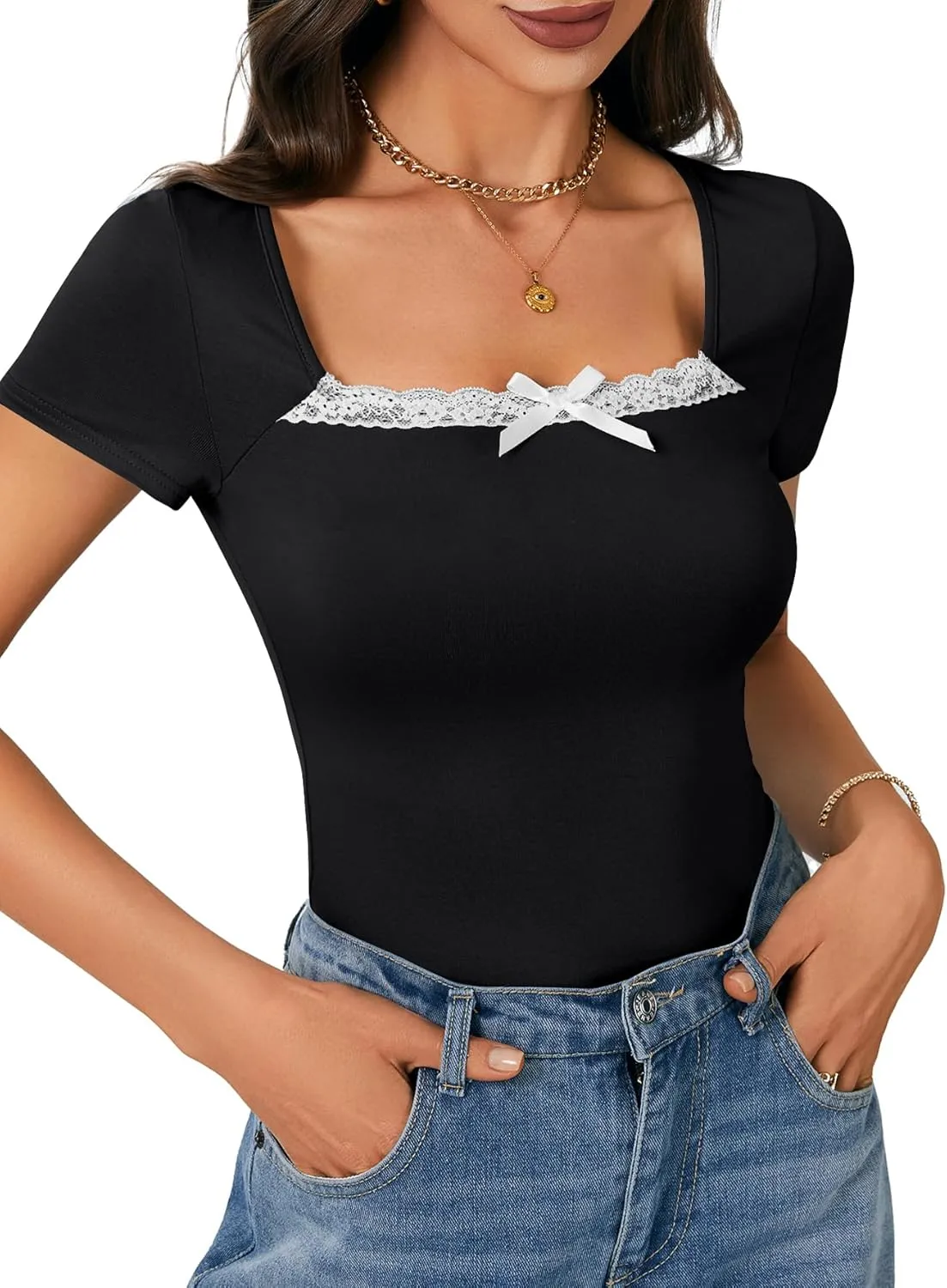 Rooscier Women's Cute Tops Lace Trim Knot Square Neck Short Sleeve Slim Fitted Tee Shirts Going Out Blouse