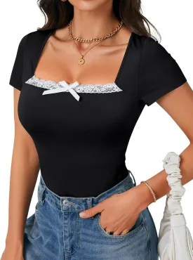 Rooscier Women's Cute Tops Lace Trim Knot Square Neck Short Sleeve Slim Fitted Tee Shirts Going Out Blouse