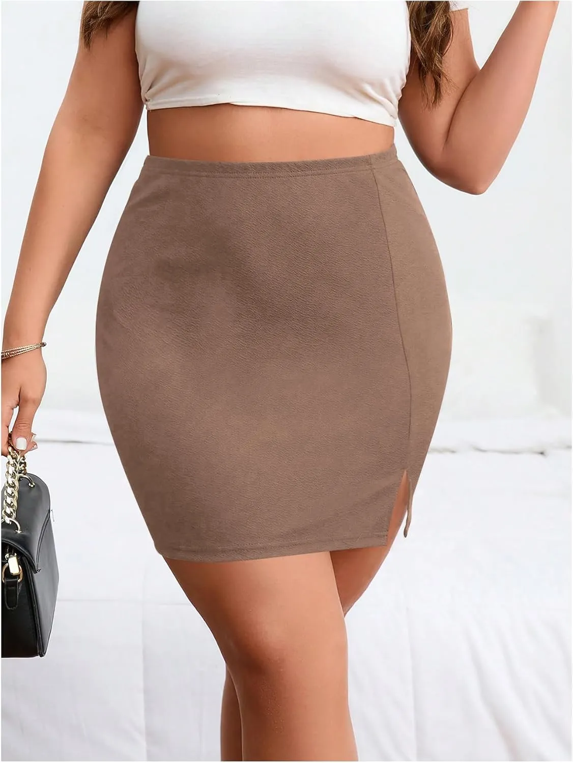 SOLY HUX Women's Plus Size High Waist Elastic Slit Sexy Stretch Fitted Bodycon Mini Skirts