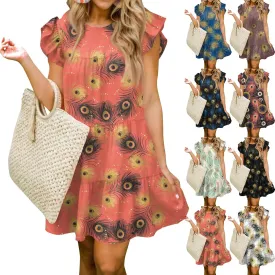 Spring Dresses for Women 2025 Summer Mini Sundress Cute Crewneck Ruffle Cap Sleeve Flowy Swing Babydoll Dress