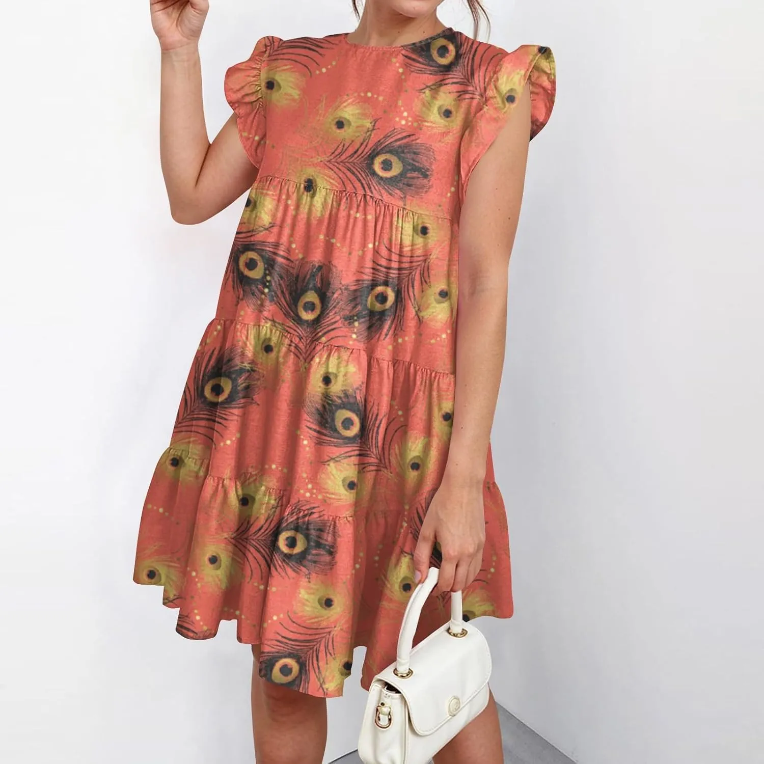 Spring Dresses for Women 2025 Summer Mini Sundress Cute Crewneck Ruffle Cap Sleeve Flowy Swing Babydoll Dress