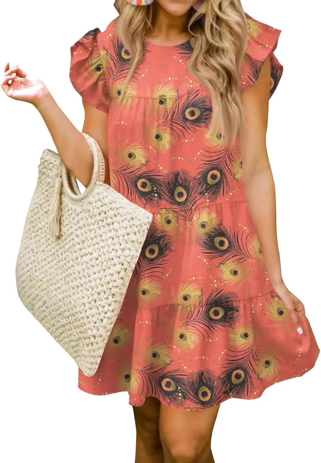 Spring Dresses for Women 2025 Summer Mini Sundress Cute Crewneck Ruffle Cap Sleeve Flowy Swing Babydoll Dress