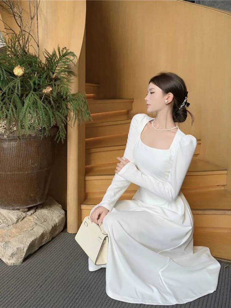Square neck white long-sleeved dress for women birthday dress engagement dress     S5881