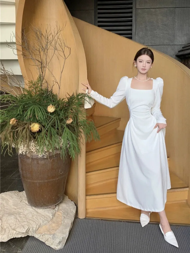 Square neck white long-sleeved dress for women birthday dress engagement dress     S5881