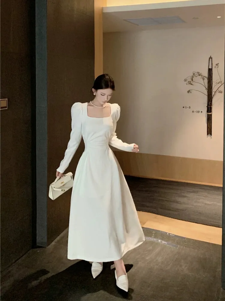 Square neck white long-sleeved dress for women birthday dress engagement dress     S5881