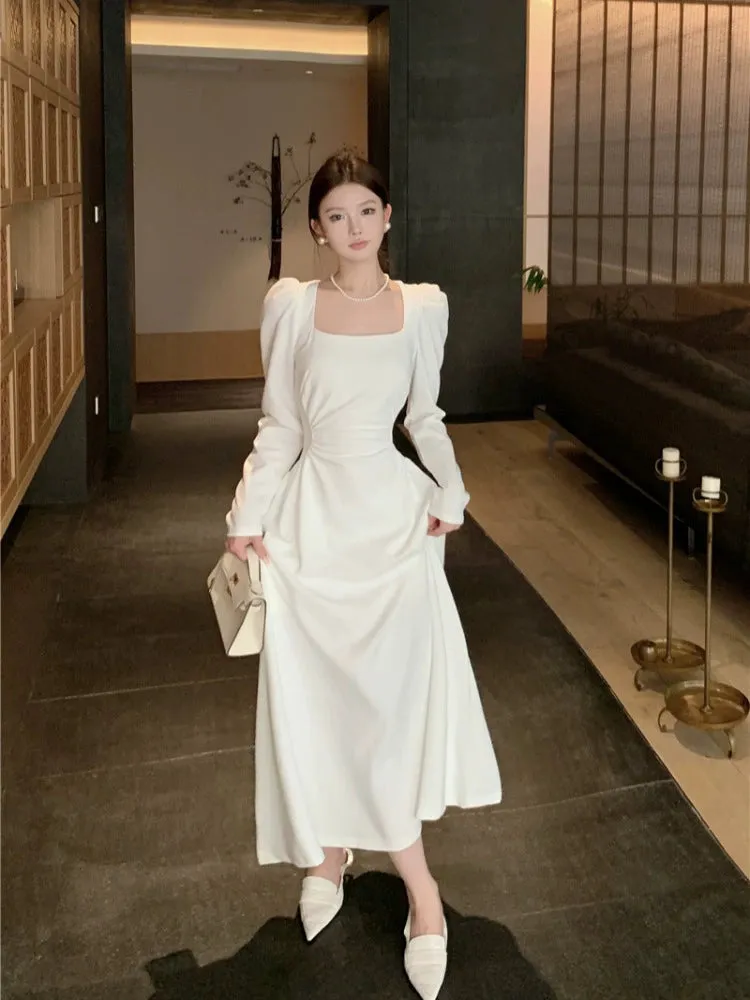 Square neck white long-sleeved dress for women birthday dress engagement dress     S5881