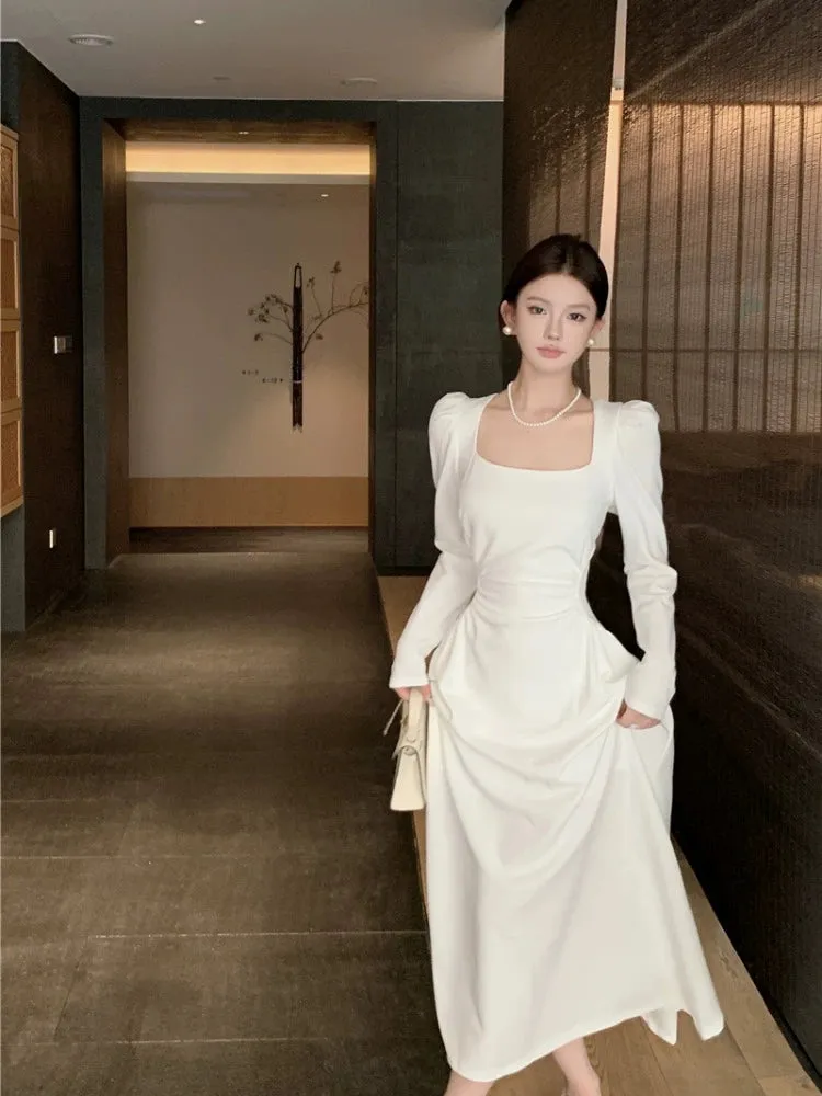 Square neck white long-sleeved dress for women birthday dress engagement dress     S5881