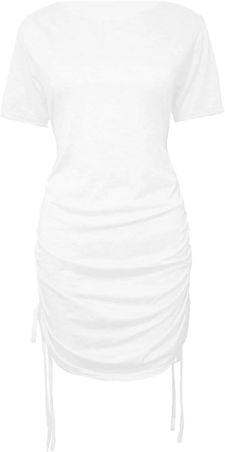 Summer Dresses for Women 2024 Side Drawstring Ruched Bodycon Mini Dress Short Sleeve Knit Crewneck Beach Sundress