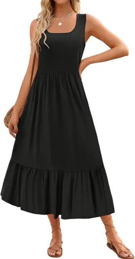 Summer Dresses for Women Sleeveless Long Beach Sundress Square Neck Casual Tiered Long Dress Loose Plain Maxi Sundress