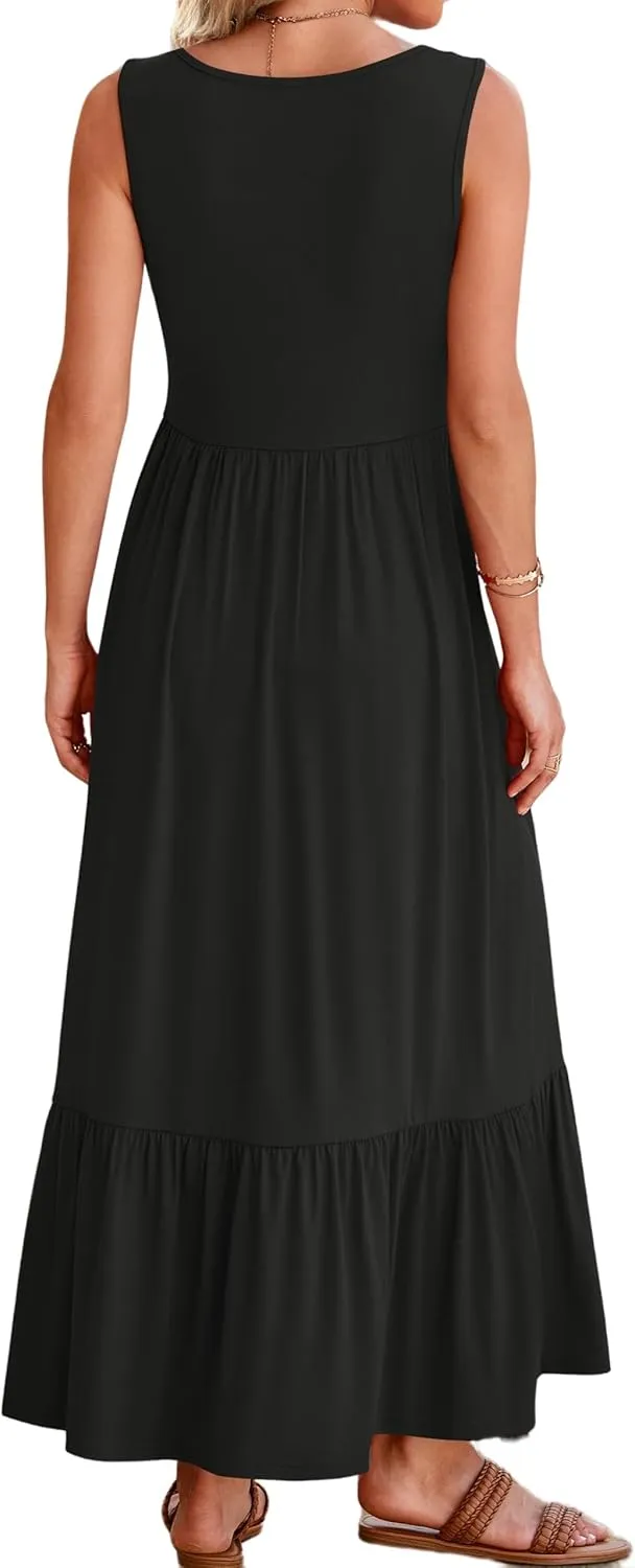 Summer Dresses for Women Sleeveless Long Beach Sundress Square Neck Casual Tiered Long Dress Loose Plain Maxi Sundress