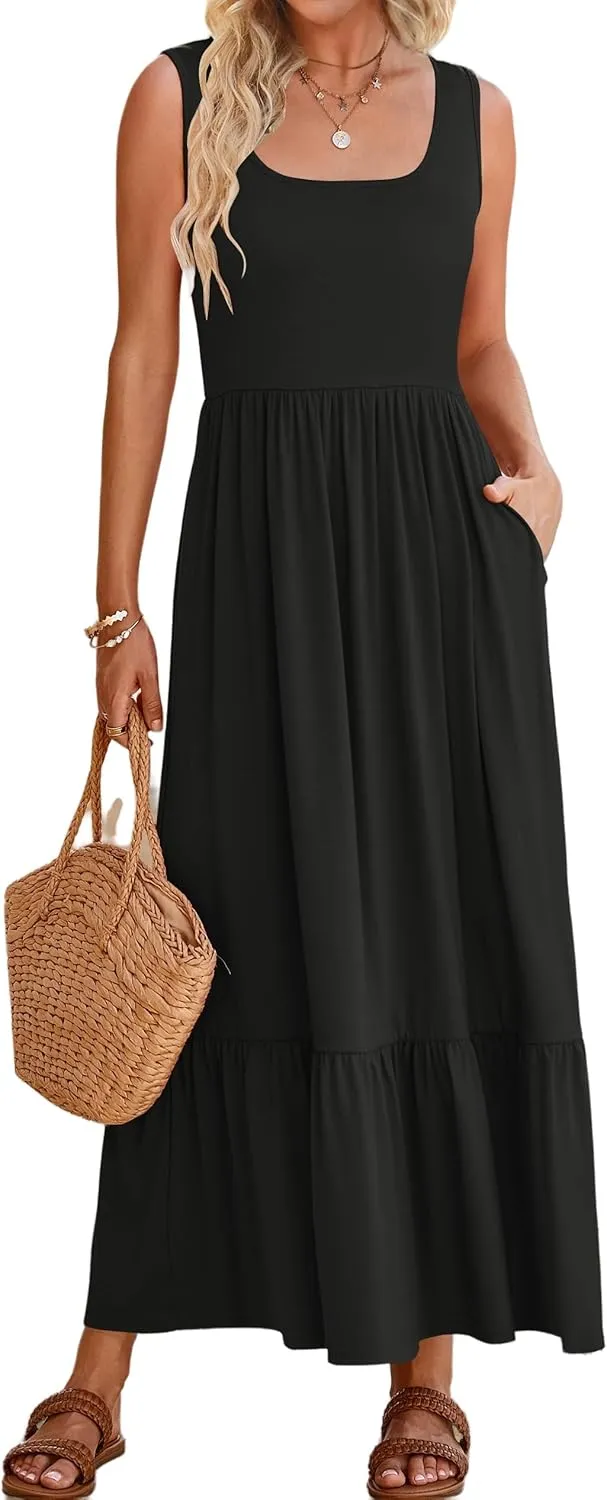 Summer Dresses for Women Sleeveless Long Beach Sundress Square Neck Casual Tiered Long Dress Loose Plain Maxi Sundress