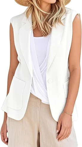 Summer Vest for Women Casual Open Front Sleeveless Blazers Business Lapel Button Suit Vests Loose Work Office Jacket