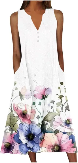 Sundress for Women Sleeveless Tank Dresses 2025 Vacation Plus Size Dress Casual Button V Neck Boho Floral Beach Dress