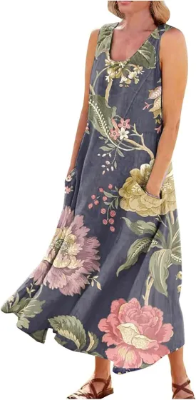 Sundresses for Women 2025 Sleeveless U Neck Boho Dress Floral Print A-Line Sundress Flowy Tank Dress with Pockets