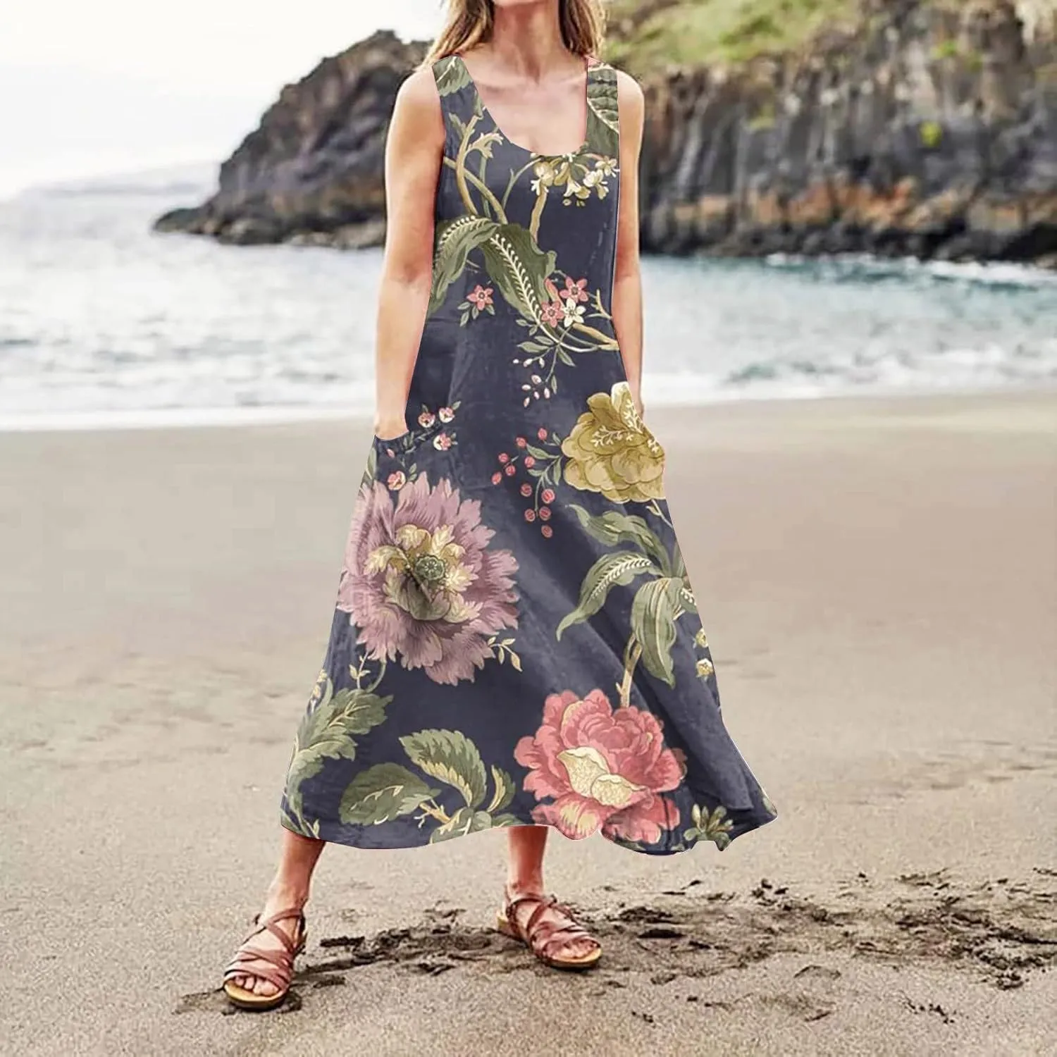 Sundresses for Women 2025 Sleeveless U Neck Boho Dress Floral Print A-Line Sundress Flowy Tank Dress with Pockets