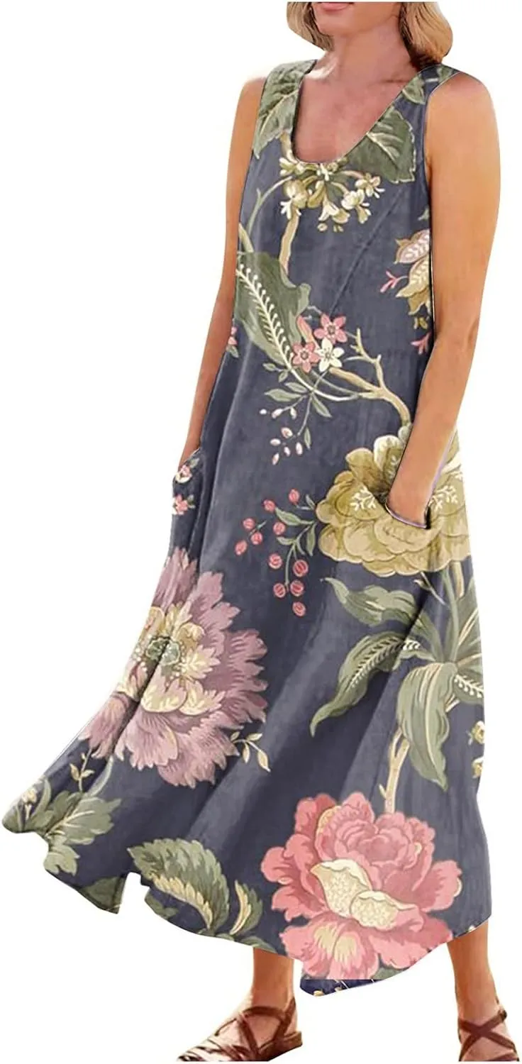 Sundresses for Women 2025 Sleeveless U Neck Boho Dress Floral Print A-Line Sundress Flowy Tank Dress with Pockets