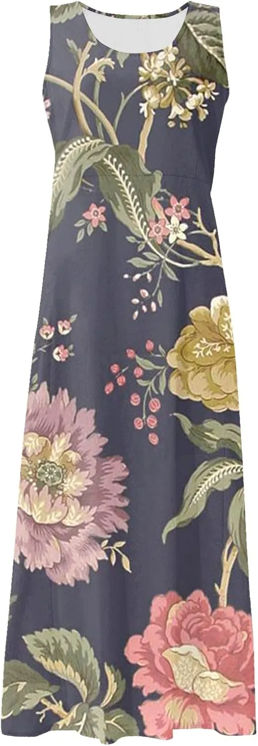 Sundresses for Women 2025 Sleeveless U Neck Boho Dress Floral Print A-Line Sundress Flowy Tank Dress with Pockets