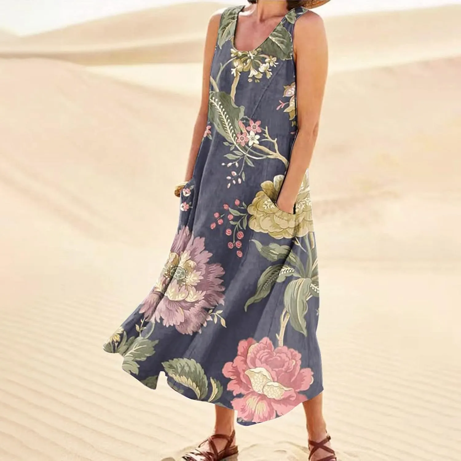 Sundresses for Women 2025 Sleeveless U Neck Boho Dress Floral Print A-Line Sundress Flowy Tank Dress with Pockets