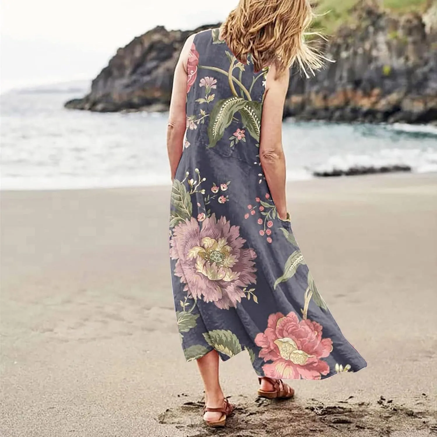 Sundresses for Women 2025 Sleeveless U Neck Boho Dress Floral Print A-Line Sundress Flowy Tank Dress with Pockets