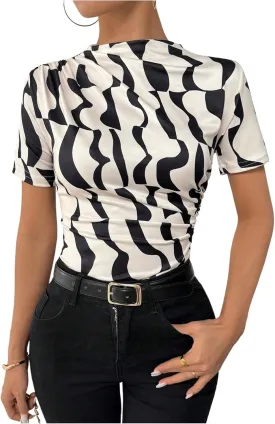 SweatyRocks Women's Ruched Mock Neck T Shirt Short Sleeve Fitted Summer Basic Tops