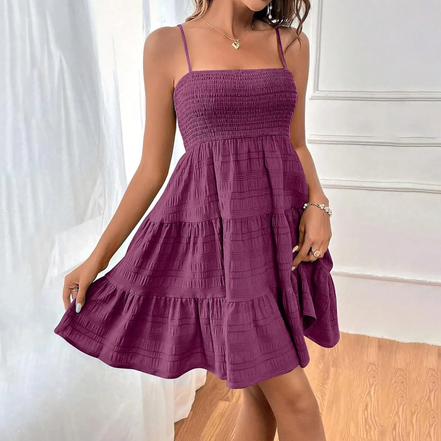 TWGONE Summer Dresses for Teens Spaghetti Strap Cute Short Mini Sundress Women Sleeveless Smock Cami Dress Date Night Outfit