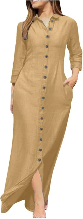 Women Casual Button Shirt Dress Long Sleeve Maxi Blouse Dresses Lapel Flowy Summer Beach Long Dress with Pockets