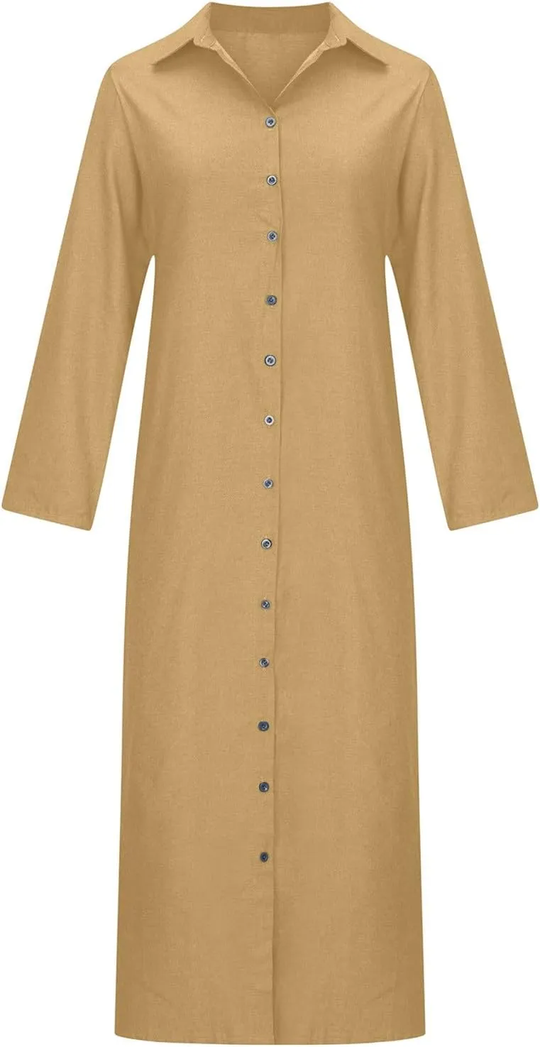Women Casual Button Shirt Dress Long Sleeve Maxi Blouse Dresses Lapel Flowy Summer Beach Long Dress with Pockets