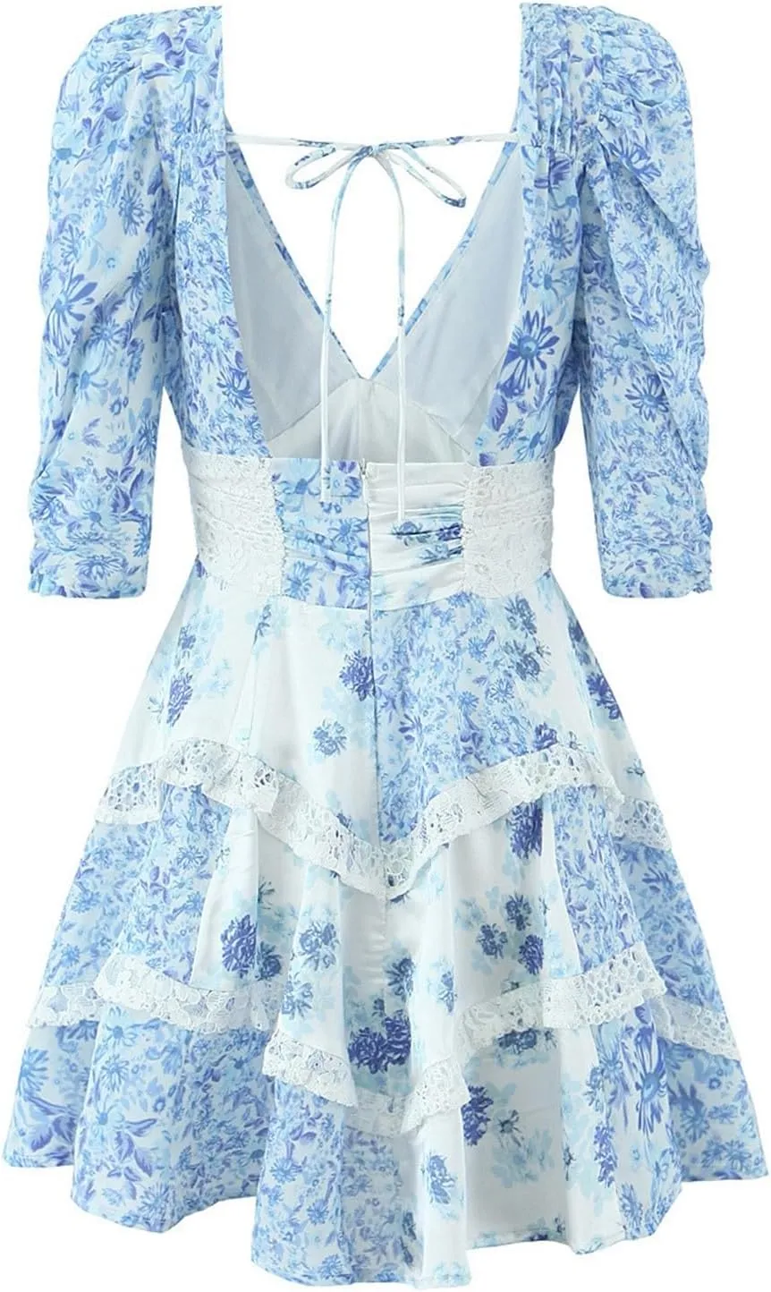 Women Floral Patchwork Mini Dress Y2k V Neck Tie Back Tiered Ruffle Dresses Bohemia Layered Swing Short Dress