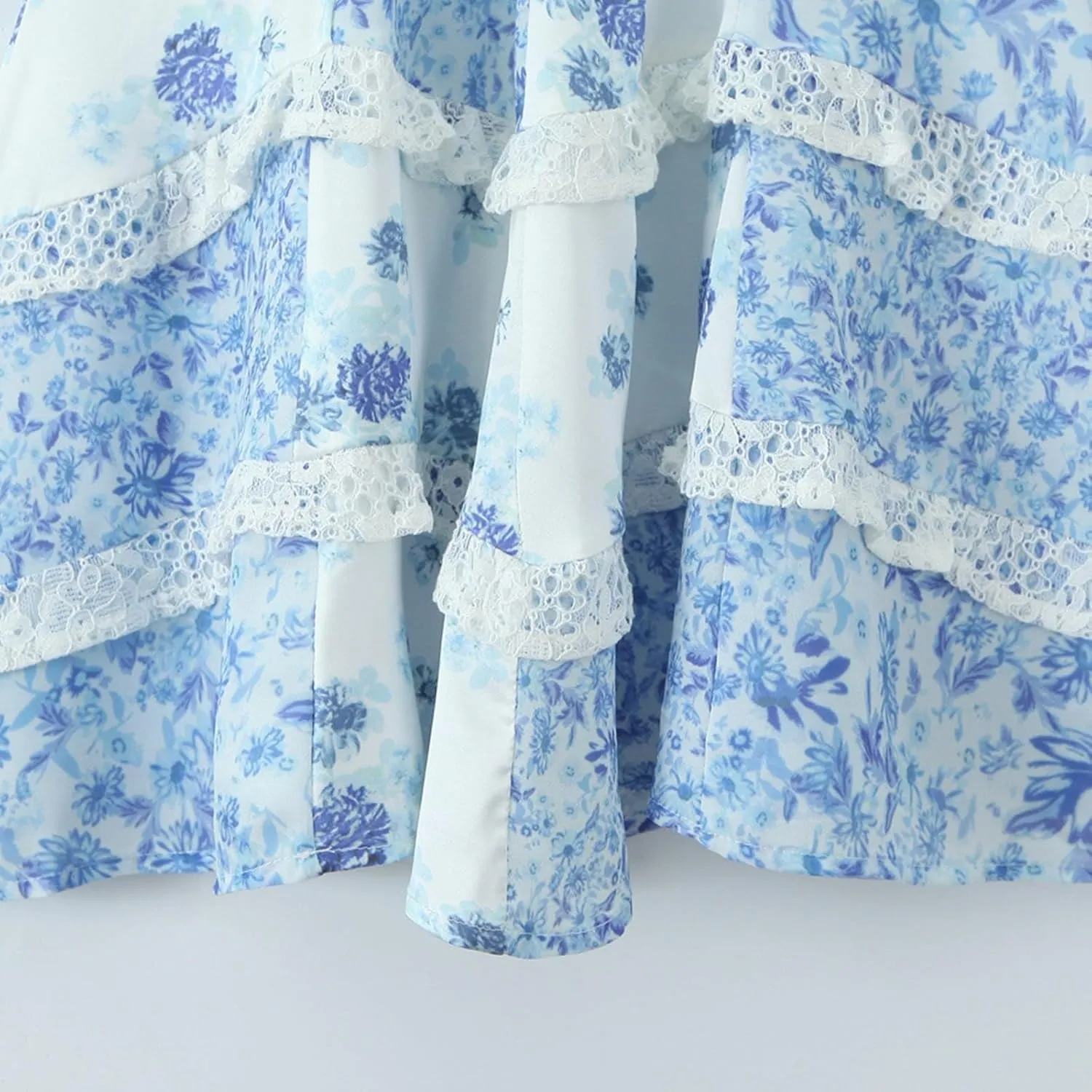 Women Floral Patchwork Mini Dress Y2k V Neck Tie Back Tiered Ruffle Dresses Bohemia Layered Swing Short Dress