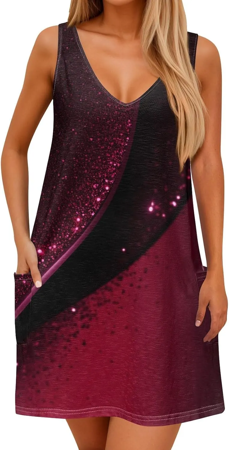 Women Summer Dresses 2025 Printed Sundress Casual Sleeveless Swimsuit Coverup Vacation V Neck Dress with Pocket
