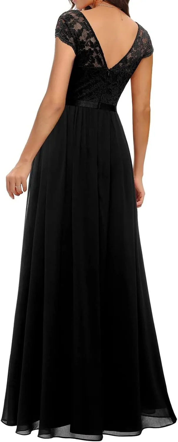 Women's Boho Lace Chiffon Bridesmaid Dresses for Wedding,2025 Elegant Long V Neck Formal Gowns Wedding Guest Dresses