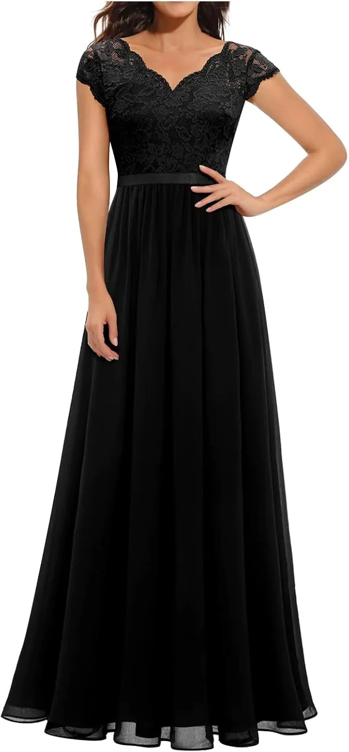 Women's Boho Lace Chiffon Bridesmaid Dresses for Wedding,2025 Elegant Long V Neck Formal Gowns Wedding Guest Dresses