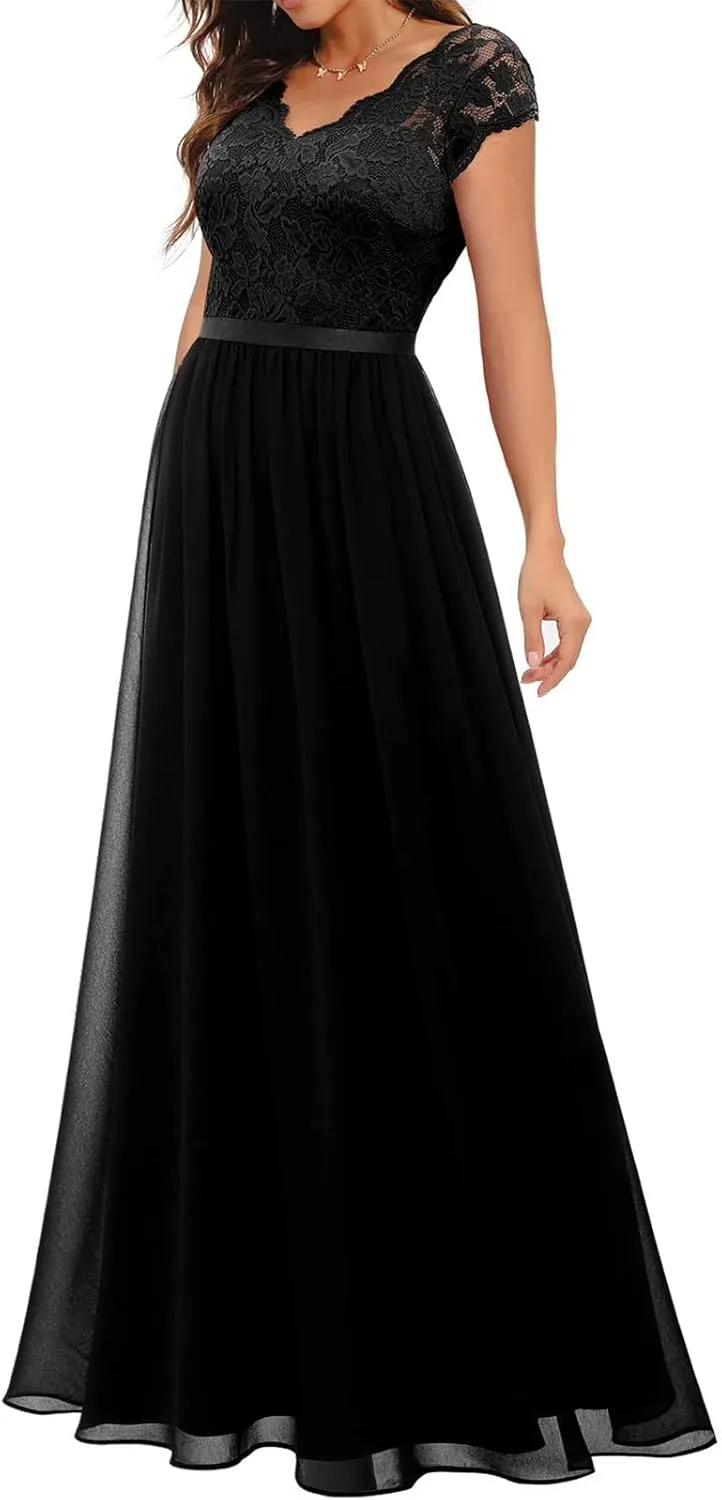 Women's Boho Lace Chiffon Bridesmaid Dresses for Wedding,2025 Elegant Long V Neck Formal Gowns Wedding Guest Dresses