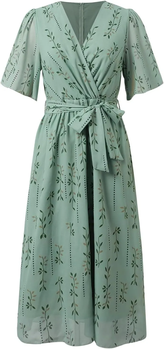 Women's Chiffon Cocktail Dress | Spring Summer Wrap Dress with Floral Print, Sexy Flowy Midi Dress for Wedding Guest
