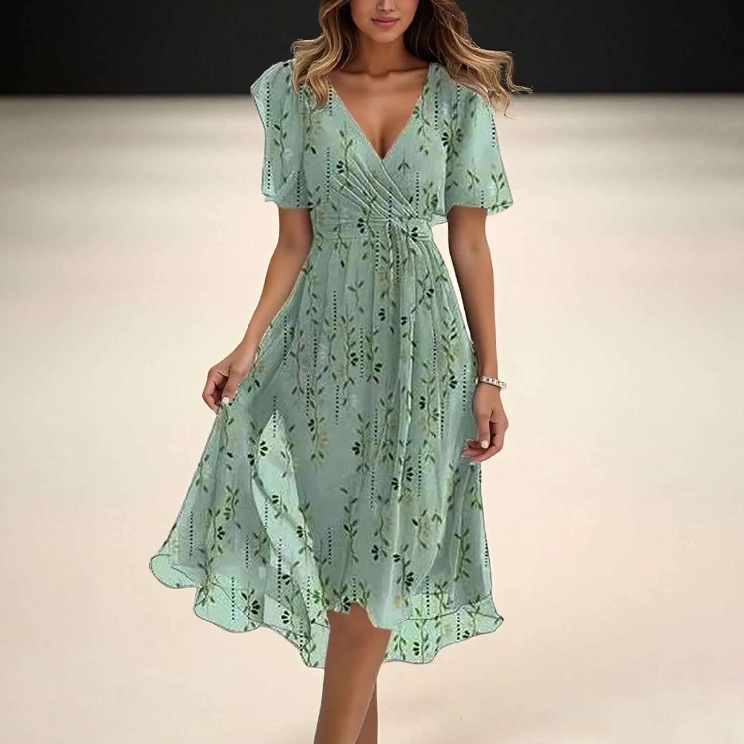 Women's Chiffon Cocktail Dress | Spring Summer Wrap Dress with Floral Print, Sexy Flowy Midi Dress for Wedding Guest
