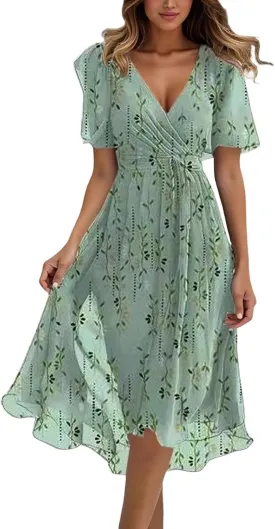 Women's Chiffon Cocktail Dress | Spring Summer Wrap Dress with Floral Print, Sexy Flowy Midi Dress for Wedding Guest