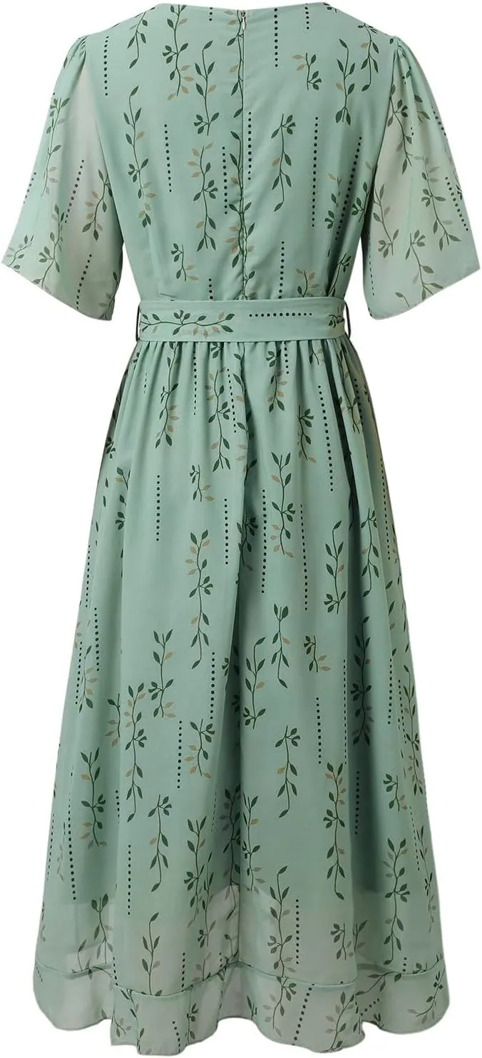 Women's Chiffon Cocktail Dress | Spring Summer Wrap Dress with Floral Print, Sexy Flowy Midi Dress for Wedding Guest