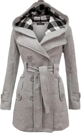 Women's Double Breasted Pea Coat Hooded Long Winter Trench Coat Belted Sexy Fashion Coat