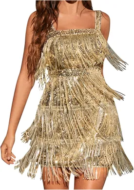 Womens Fringe Dress Spaghetti Strap Sleeveless Tassel Sling Dress Sexy V Neck Backless Cocktail Party Mini Dress