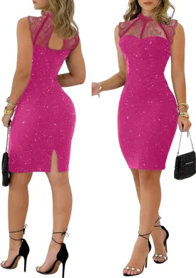 Womens Glitter Contrast Lace Bodycon Dress Sleeveless Slit Cocktail Evening Party Club Mini Dresses