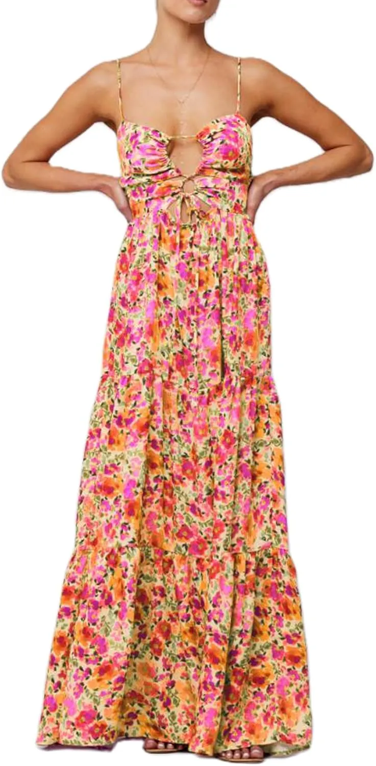 Women's Long Beach Dress Sleeveless Spaghetti Strap Cross Tie-up Front Floral Print Dress Midi Slip Dress